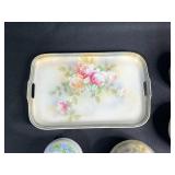 Antique German Porcelain Vanity Set with Floral Motif w Decorative Tray & Hair Receiver