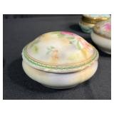 Antique German Porcelain Vanity Set with Floral Motif w Decorative Tray & Hair Receiver
