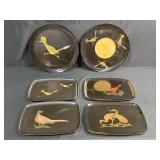Set of Vintage Couroc Black Bird Trays with Hand-Painted Designs