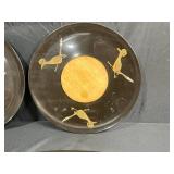 Set of Vintage Couroc Black Bird Trays with Hand-Painted Designs