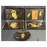 Set of Couroc Mid-Century Modern Decorative Trays and Plate with Animal and Figure Designs