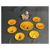 Set of Norwegian Folk Art Plates and Carved Bird Figurine