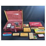 Vintage Game Collection with Domino Sets, Scrabble, and Chinese Checkers Marbles in Suitcase