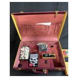 Vintage Game Collection with Domino Sets, Scrabble, and Chinese Checkers Marbles in Suitcase