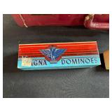 Vintage Game Collection with Domino Sets, Scrabble, and Chinese Checkers Marbles in Suitcase