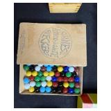 Vintage Game Collection with Domino Sets, Scrabble, and Chinese Checkers Marbles in Suitcase