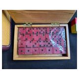 Vintage Game Collection with Domino Sets, Scrabble, and Chinese Checkers Marbles in Suitcase