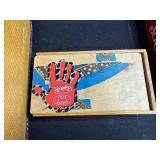 Vintage Game Collection with Domino Sets, Scrabble, and Chinese Checkers Marbles in Suitcase