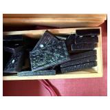 Vintage Game Collection with Domino Sets, Scrabble, and Chinese Checkers Marbles in Suitcase