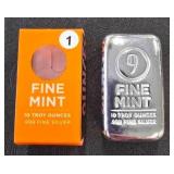 9 Fine Mint, 10 oz. Silver Bar - .999 Bullion