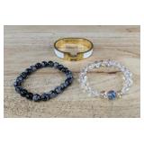 White Enamel Gold-Tone Cuff, Black Gray Beaded Bracelet, and Clear Crystal Beaded Bracelet - Brand New