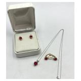 10k Gold Heart-Shaped Ruby Jewelry Set with Necklace and Earrings