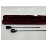 Pair of Vintage Black Glass Hat Pins with Brass Ends and Box