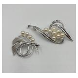 Mikimoto Ginza Tokyo Sterling Silver Pearl Brooch Pair with Box