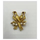 Vintage Gold Tone Double Bird Brooch with Faux Pearls and Red Rhinestones