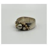 Sterling Silver and Gold Ring with Pearl and Stone