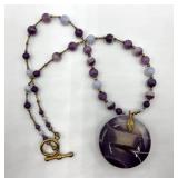 Purple Agate Bead Necklace with Large Round Pendant