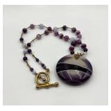 Purple Agate Bead Necklace with Large Round Pendant