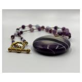 Purple Agate Bead Necklace with Large Round Pendant