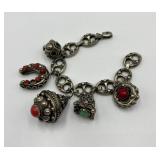 Vintage Silver Charm Bracelet with Gemstone Accents