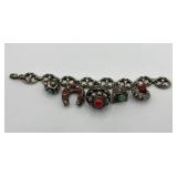 Vintage Silver Charm Bracelet with Gemstone Accents