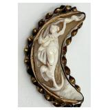 Antique Crescent Moon Cameo Brooch with Woman Figure
