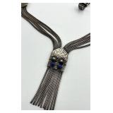Sterling Silver Multi-Strand Chain Necklace with Ornate Panels and Blue Accents