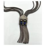 Sterling Silver Multi-Strand Chain Necklace with Ornate Panels and Blue Accents