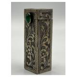Antique Engraved Silver Lipstick Case with Green Cabochon Stone