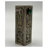 Antique Engraved Silver Lipstick Case with Green Cabochon Stone