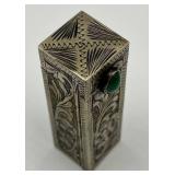 Antique Engraved Silver Lipstick Case with Green Cabochon Stone