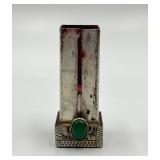 Antique Engraved Silver Lipstick Case with Green Cabochon Stone