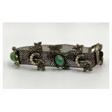 Vintage Mesh Bracelet with Green Cabochons, Faux Pearls, and Purple Stones