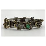 Vintage Mesh Bracelet with Green Cabochons, Faux Pearls, and Purple Stones