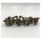 Vintage Mesh Bracelet with Green Cabochons, Faux Pearls, and Purple Stones