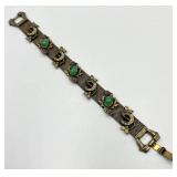 Vintage Mesh Bracelet with Green Cabochons, Faux Pearls, and Purple Stones