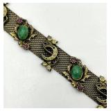 Vintage Mesh Bracelet with Green Cabochons, Faux Pearls, and Purple Stones