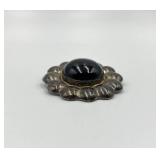 Vintage 925 Sterling Silver Floral Brooch with Black Onyx Center