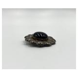 Vintage 925 Sterling Silver Floral Brooch with Black Onyx Center