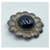 Vintage 925 Sterling Silver Floral Brooch with Black Onyx Center