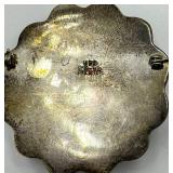 Vintage 925 Sterling Silver Floral Brooch with Black Onyx Center