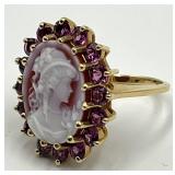 14k Gold Cameo Ring with Purple Stones