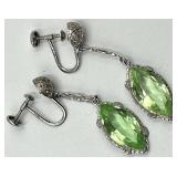 10k White Gold Screw-On Drop Earrings with Green Marquise Stones
