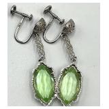 10k White Gold Screw-On Drop Earrings with Green Marquise Stones
