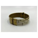 Vintage Brass and White Inlay Hinged Bangle Bracelet
