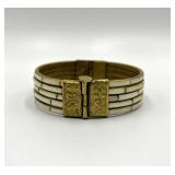 Vintage Brass and White Inlay Hinged Bangle Bracelet