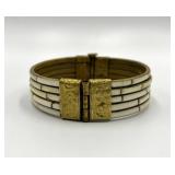 Vintage Brass and White Inlay Hinged Bangle Bracelet