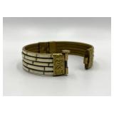Vintage Brass and White Inlay Hinged Bangle Bracelet