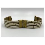 Vintage Brass and White Inlay Hinged Bangle Bracelet