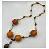 Large Butterscotch Amber Color Beads and Silver Bell Pendant